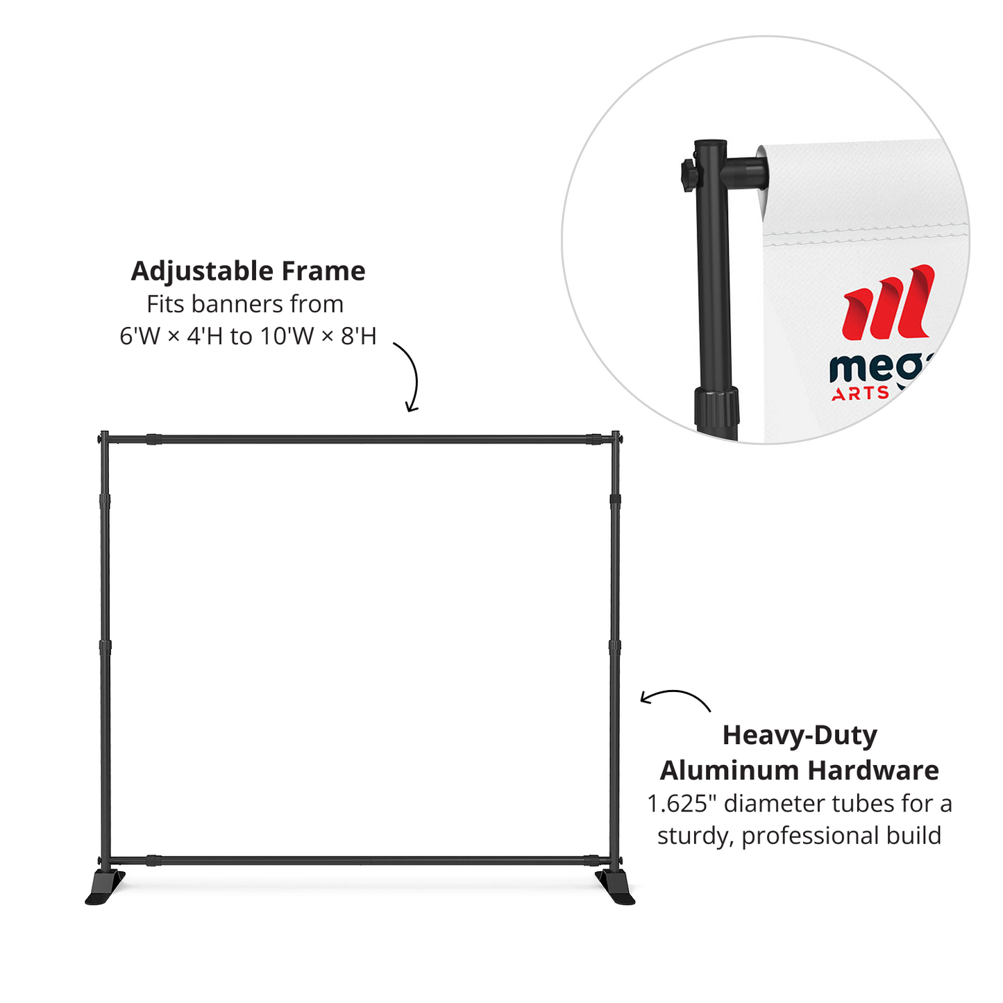 GoVizly 8x8 step and repeat banner adjustable aluminum frame with locking collar detail and heavy-duty feet