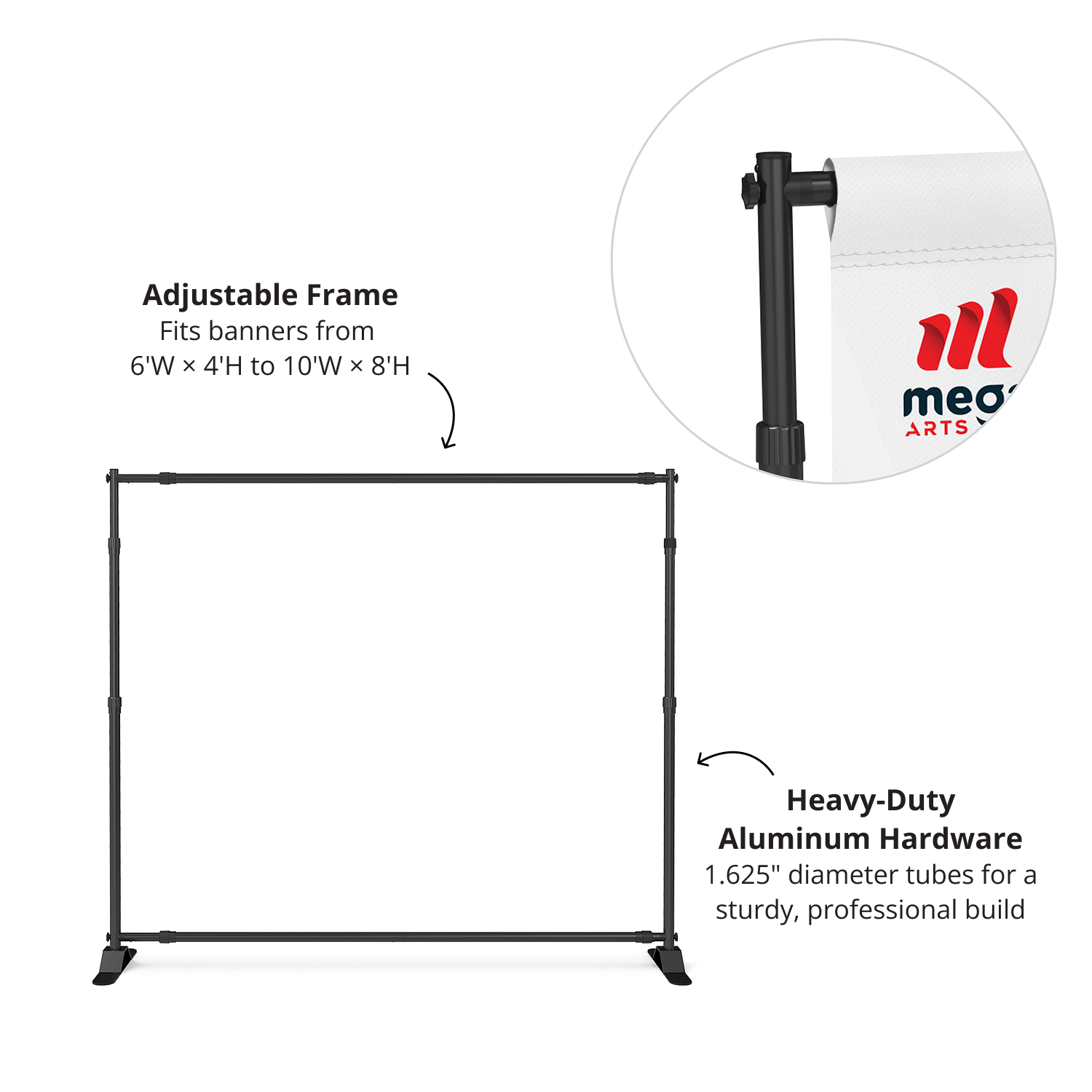 GoVizly 8x8 step and repeat banner adjustable aluminum frame with locking collar detail and heavy-duty feet