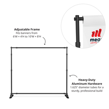 GoVizly 8x8 step and repeat banner adjustable aluminum frame with locking collar detail and heavy-duty feet