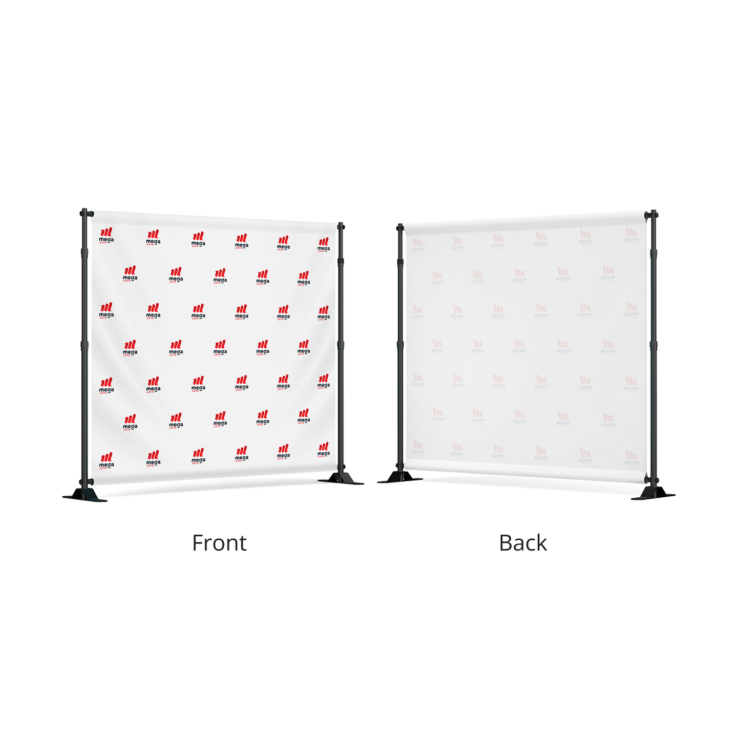 GoVizly 8x8 step and repeat banner showing front with step and repeat logo pattern and reverse side view