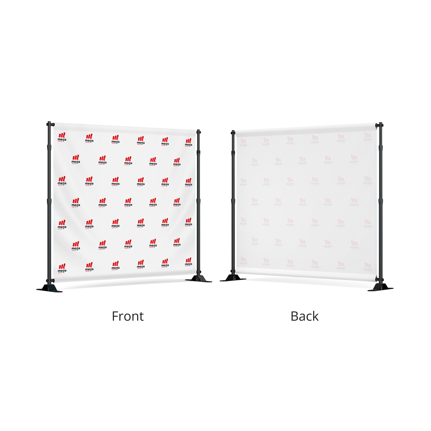 GoVizly 8x8 step and repeat banner showing front with step and repeat logo pattern and reverse side view