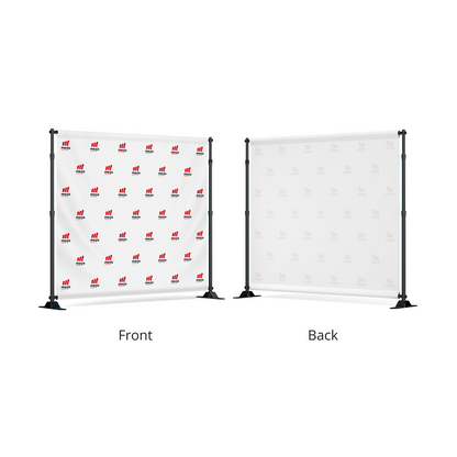 GoVizly 8x8 step and repeat banner showing front with step and repeat logo pattern and reverse side view