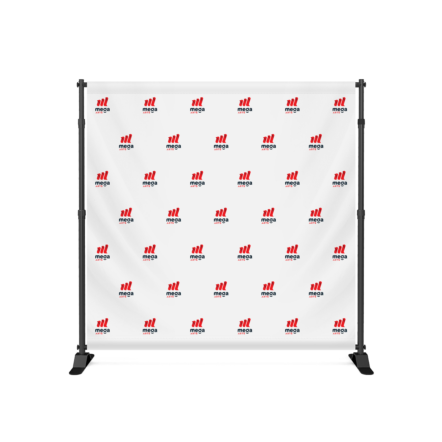 GoVizly 8x8 step and repeat banner full front view with custom branded step and repeat logo pattern on white fabric