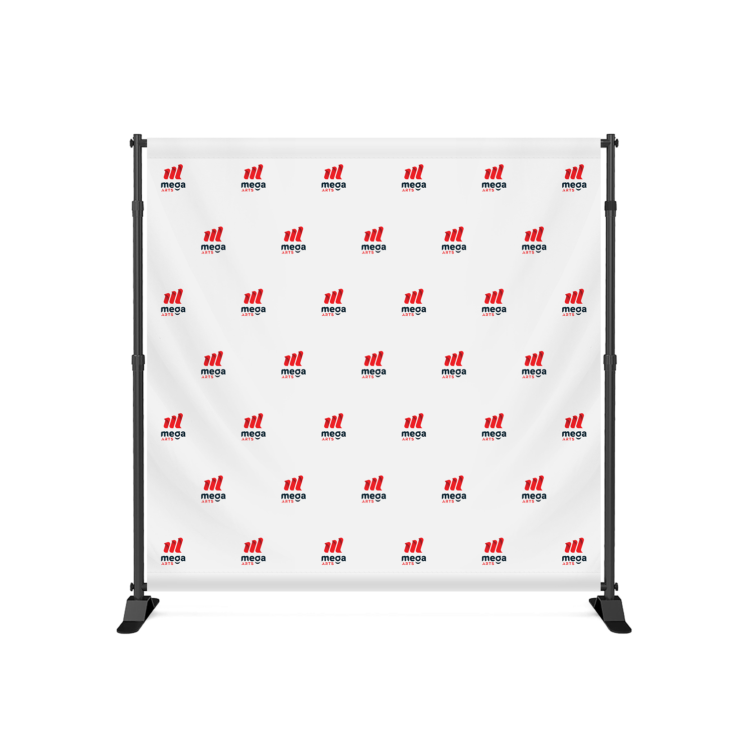GoVizly 8x8 step and repeat banner full front view with custom branded step and repeat logo pattern on white fabric