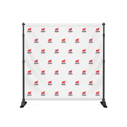 GoVizly 8x8 step and repeat banner full front view with custom branded step and repeat logo pattern on white fabric