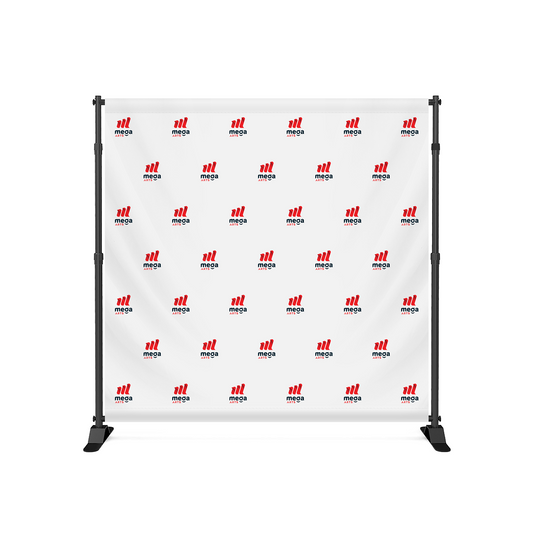 GoVizly 8x8 step and repeat banner full front view with custom branded step and repeat logo pattern on white fabric
