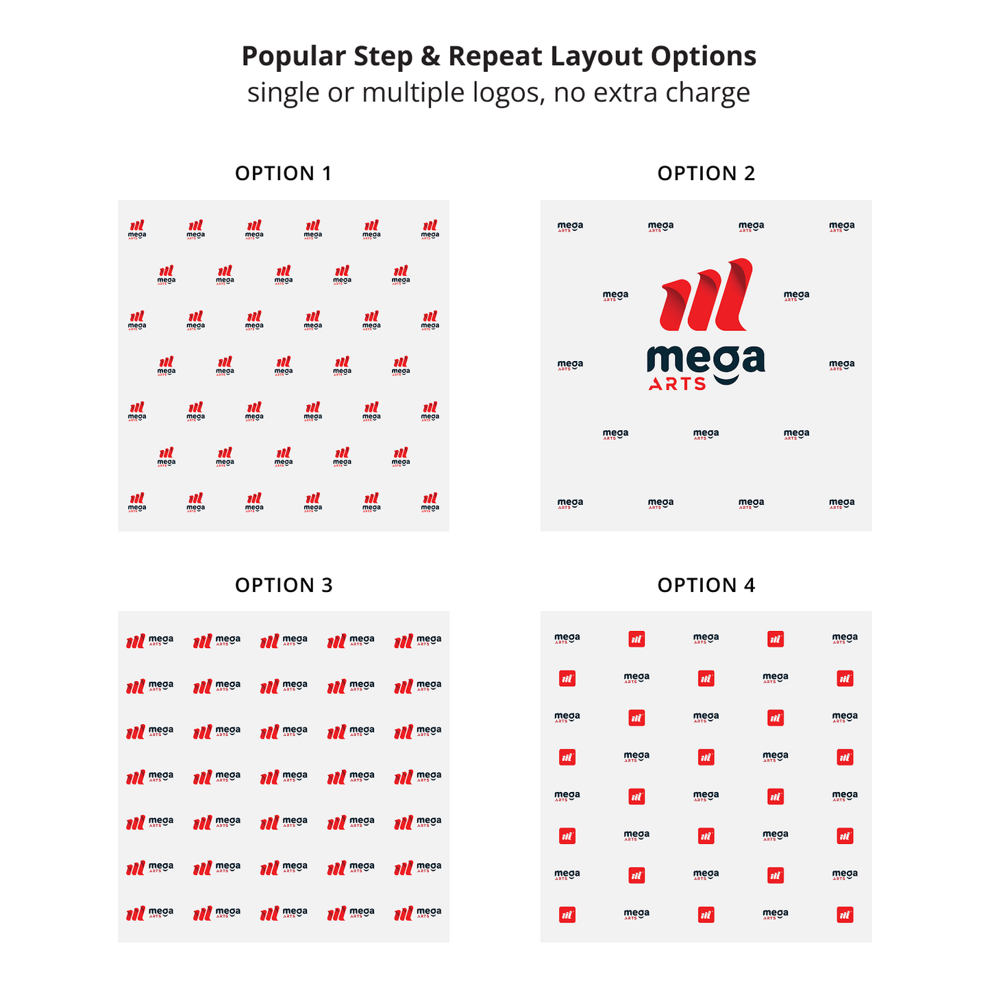 GoVizly 8x8 step and repeat banner popular layout options showing four pattern arrangements including single logo brick offset and multi-logo variations