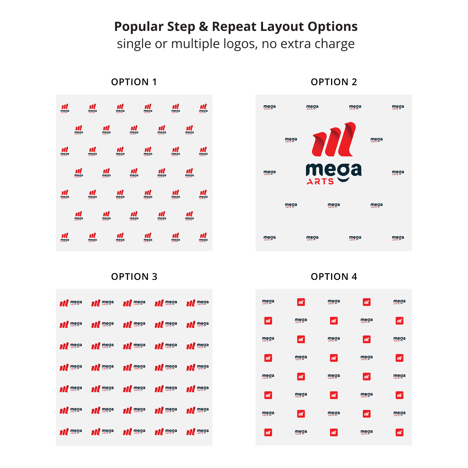 GoVizly 8x8 step and repeat banner popular layout options showing four pattern arrangements including single logo brick offset and multi-logo variations