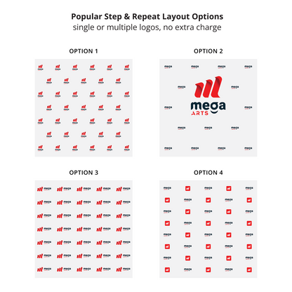 GoVizly 8x8 step and repeat banner popular layout options showing four pattern arrangements including single logo brick offset and multi-logo variations