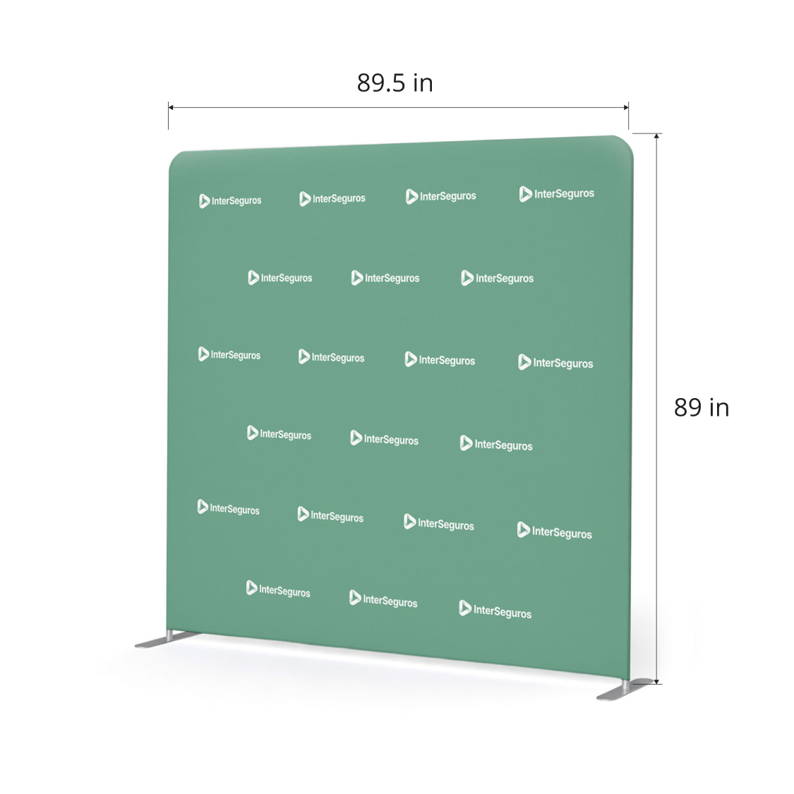 GoVizly 8ft step and repeat tension fabric display with dimension callouts showing 89.5 inch width and 89 inch height on purple step and repeat backdrop