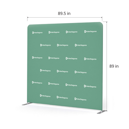 GoVizly 8ft step and repeat tension fabric display with dimension callouts showing 89.5 inch width and 89 inch height on purple step and repeat backdrop