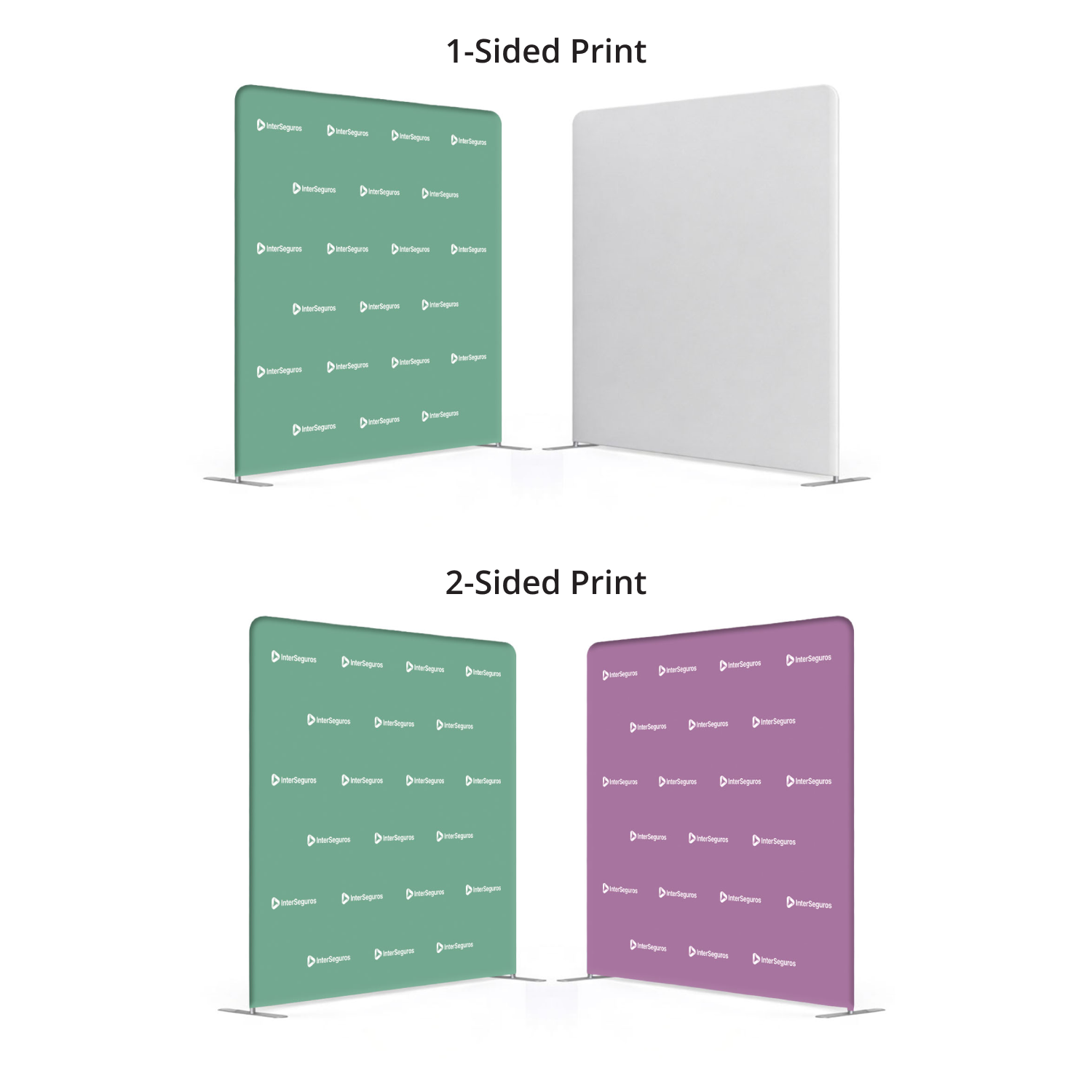 GoVizly 8ft step and repeat tension fabric display showing 1-sided print with blank reverse and 2-sided print option with branded back panel