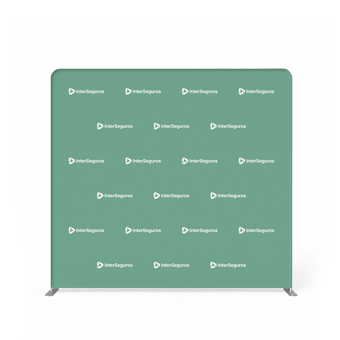 GoVizly 8ft step and repeat tension fabric display full front view with custom purple step and repeat logo pattern on seamless tension fabric