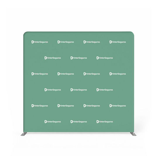 GoVizly 8ft step and repeat tension fabric display full front view with custom purple step and repeat logo pattern on seamless tension fabric