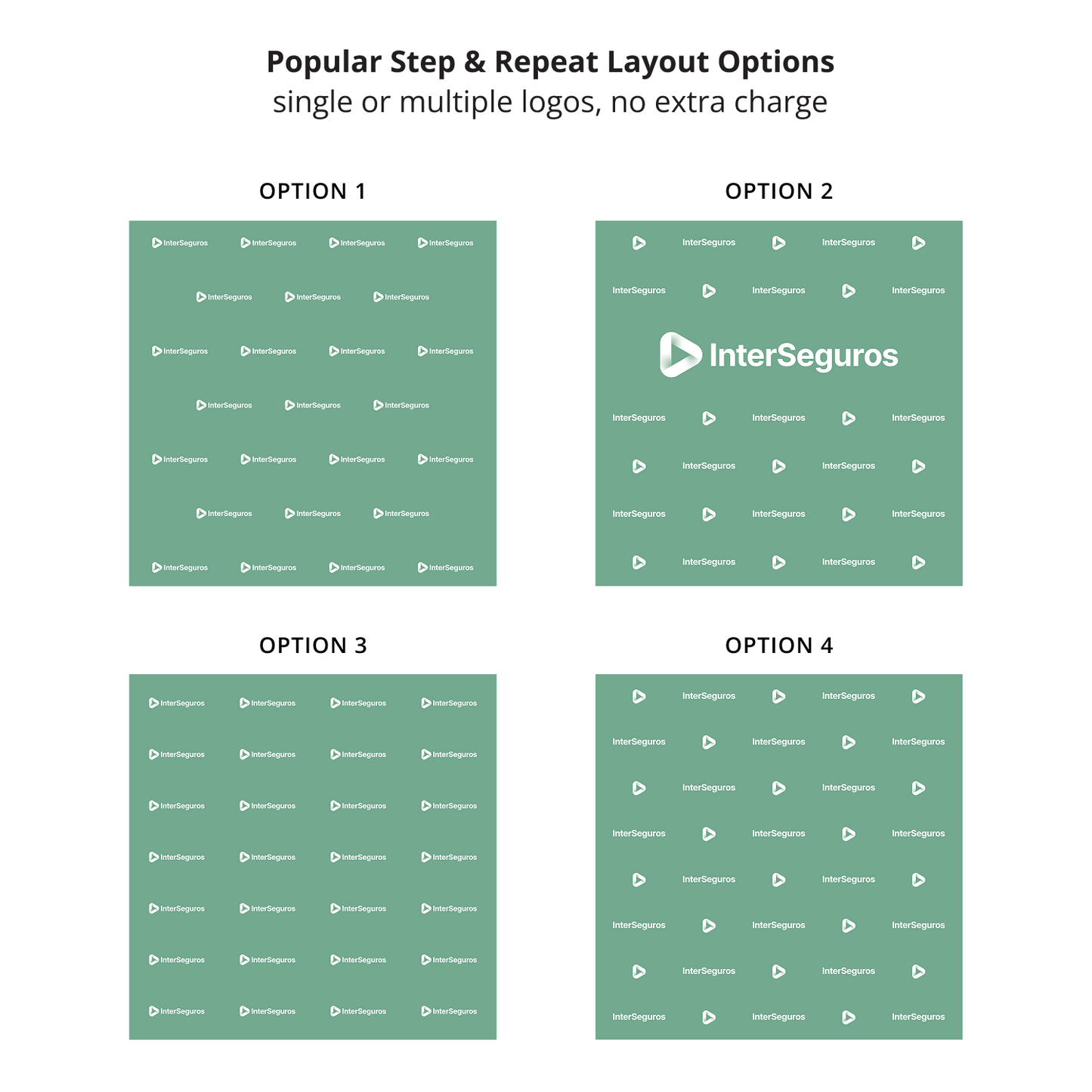 GoVizly 8ft step and repeat tension fabric display popular layout options showing four pattern arrangements including brick offset single logo and large center logo variations on purple fabric