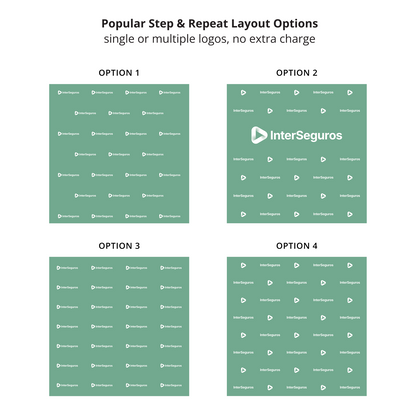 GoVizly 8ft step and repeat tension fabric display popular layout options showing four pattern arrangements including brick offset single logo and large center logo variations on purple fabric