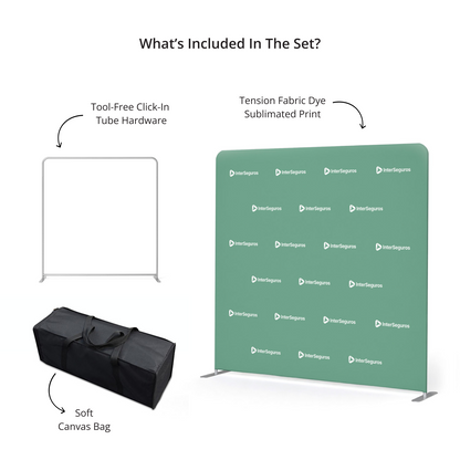 GoVizly 8ft step and repeat tension fabric display complete set showing tool-free click-in tube hardware frame tension fabric graphic and soft canvas carry bag