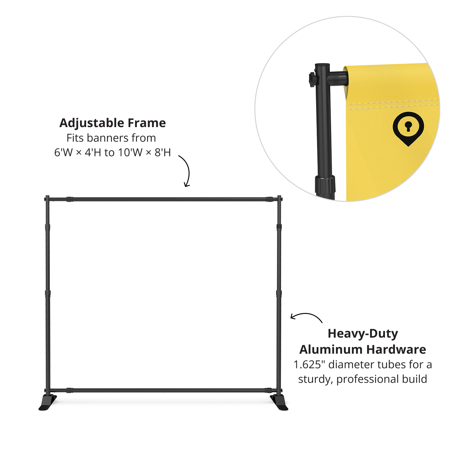 GoVizly 9x8 step and repeat banner adjustable aluminum frame with locking collar detail and heavy-duty feet