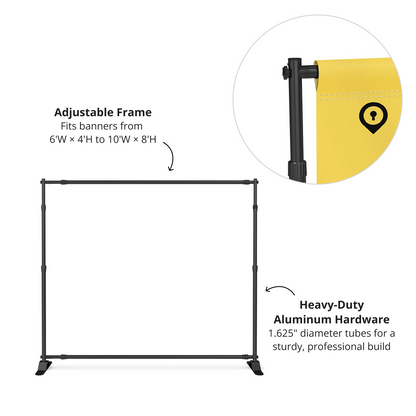 GoVizly 9x8 step and repeat banner adjustable aluminum frame with locking collar detail and heavy-duty feet