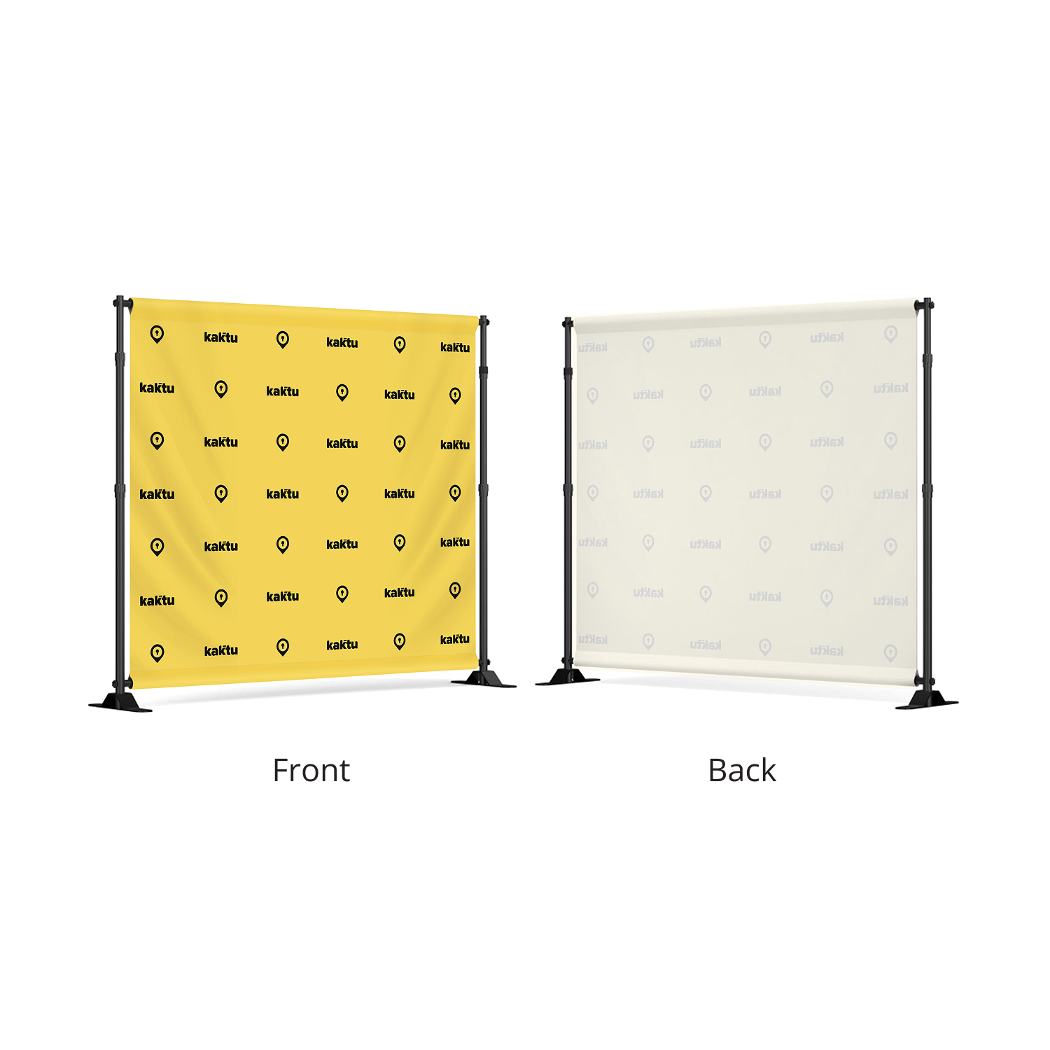 GoVizly 9x8 step and repeat banner showing front with step and repeat logo pattern on yellow fabric and reverse side view