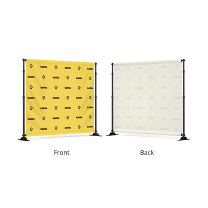 GoVizly 9x8 step and repeat banner showing front with step and repeat logo pattern on yellow fabric and reverse side view