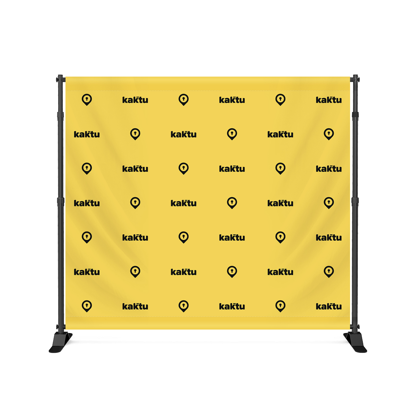 GoVizly 9x8 step and repeat banner full front view with custom branded step and repeat logo pattern on yellow fabric