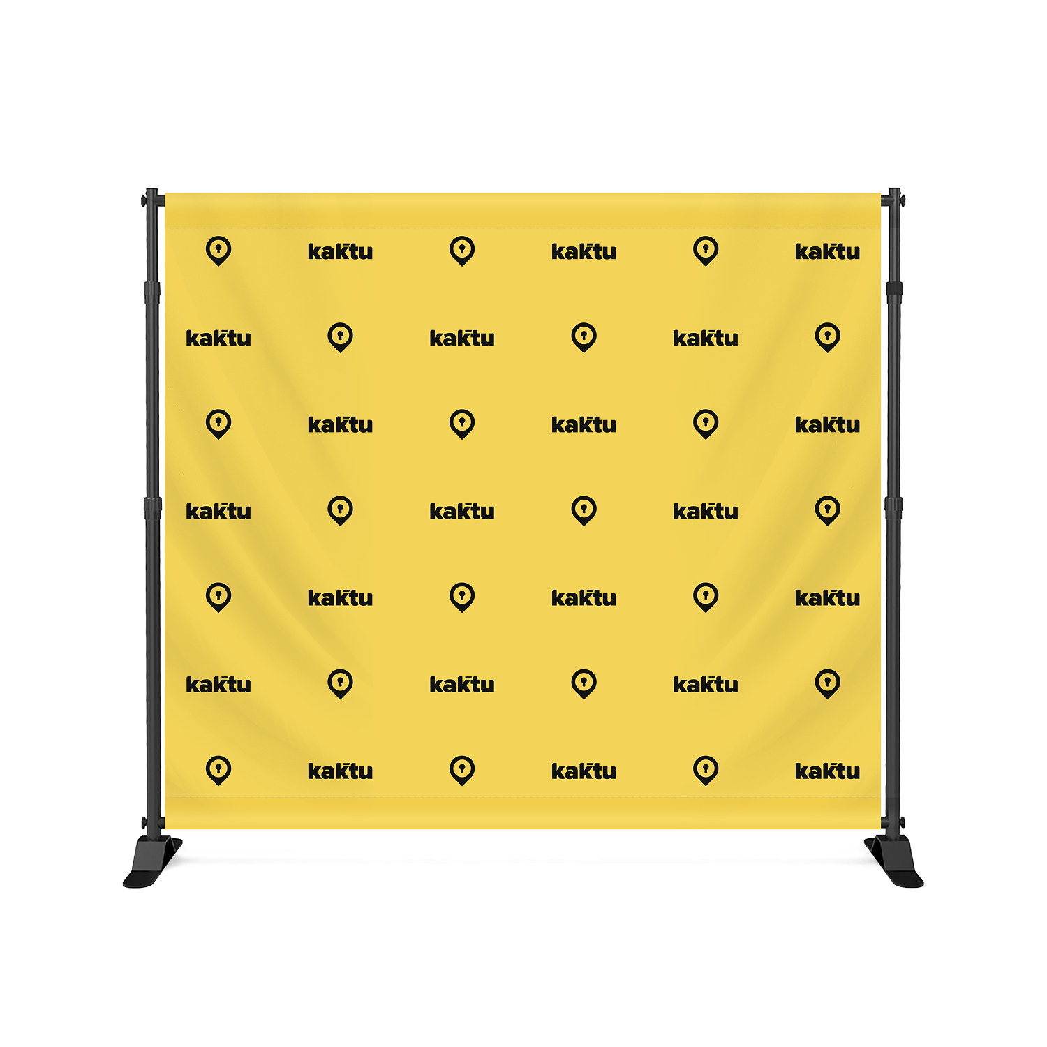 GoVizly 9x8 step and repeat banner full front view with custom branded step and repeat logo pattern on yellow fabric