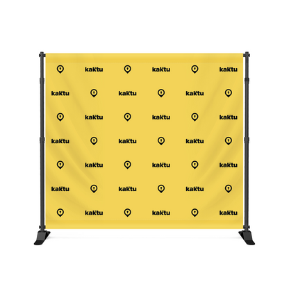 GoVizly 9x8 step and repeat banner full front view with custom branded step and repeat logo pattern on yellow fabric