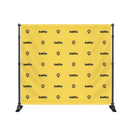 GoVizly 9x8 step and repeat banner full front view with custom branded step and repeat logo pattern on yellow fabric
