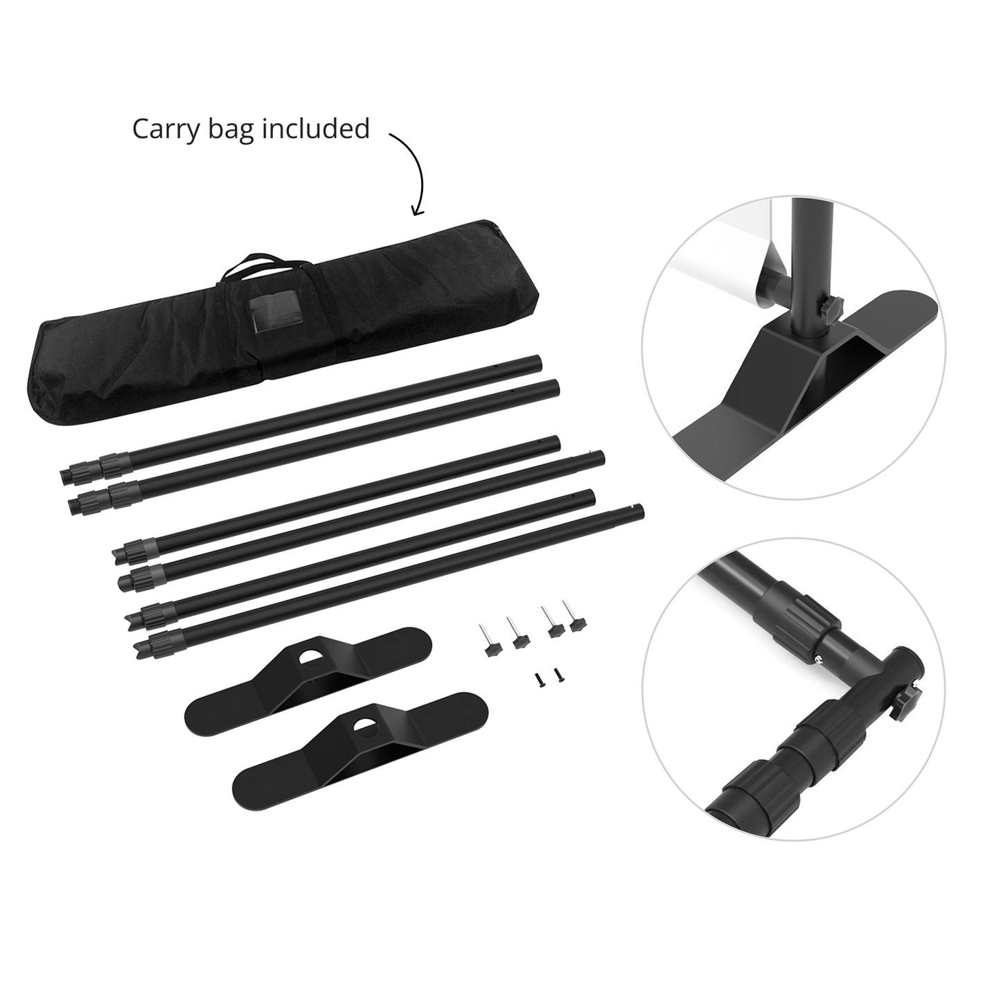 GoVizly 9x8 step and repeat banner complete hardware kit with poles, feet, thumb screws, and carry bag laid out flat