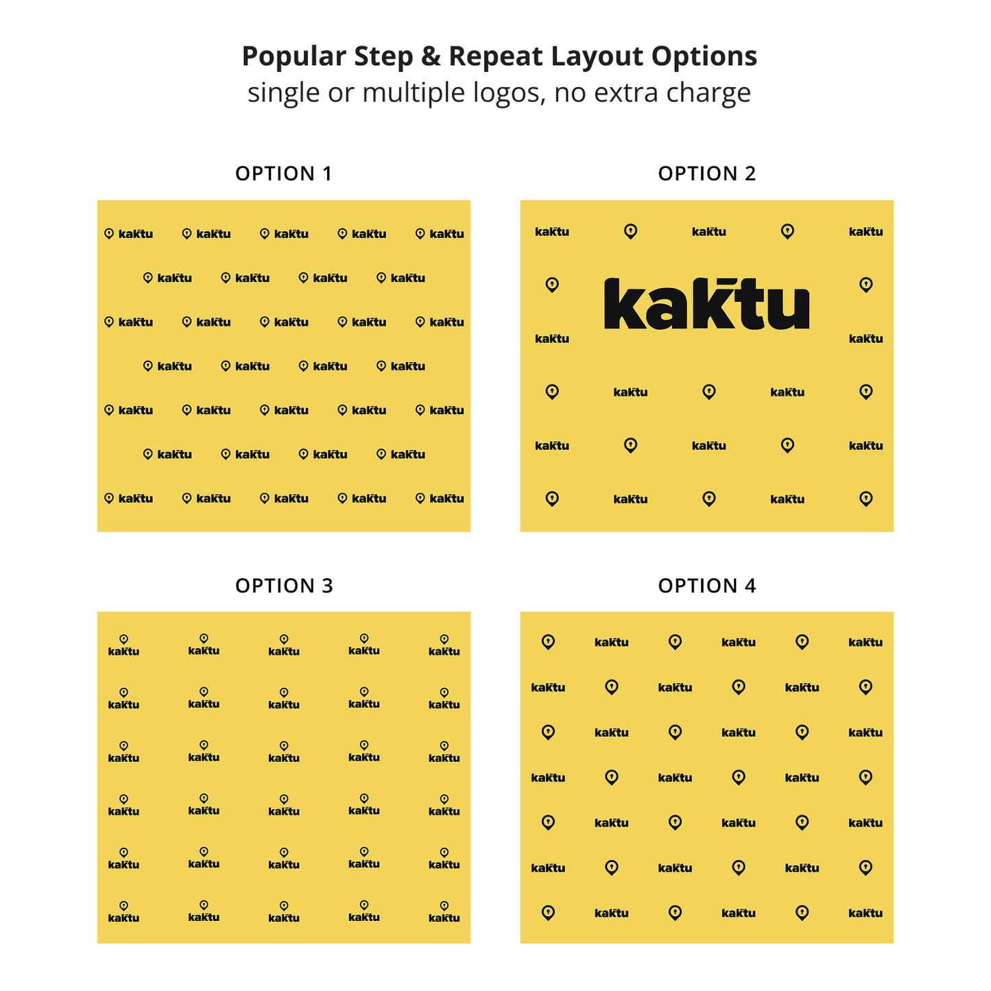 GoVizly 9x8 step and repeat banner popular layout options showing four pattern arrangements including single logo brick offset and large center logo variations