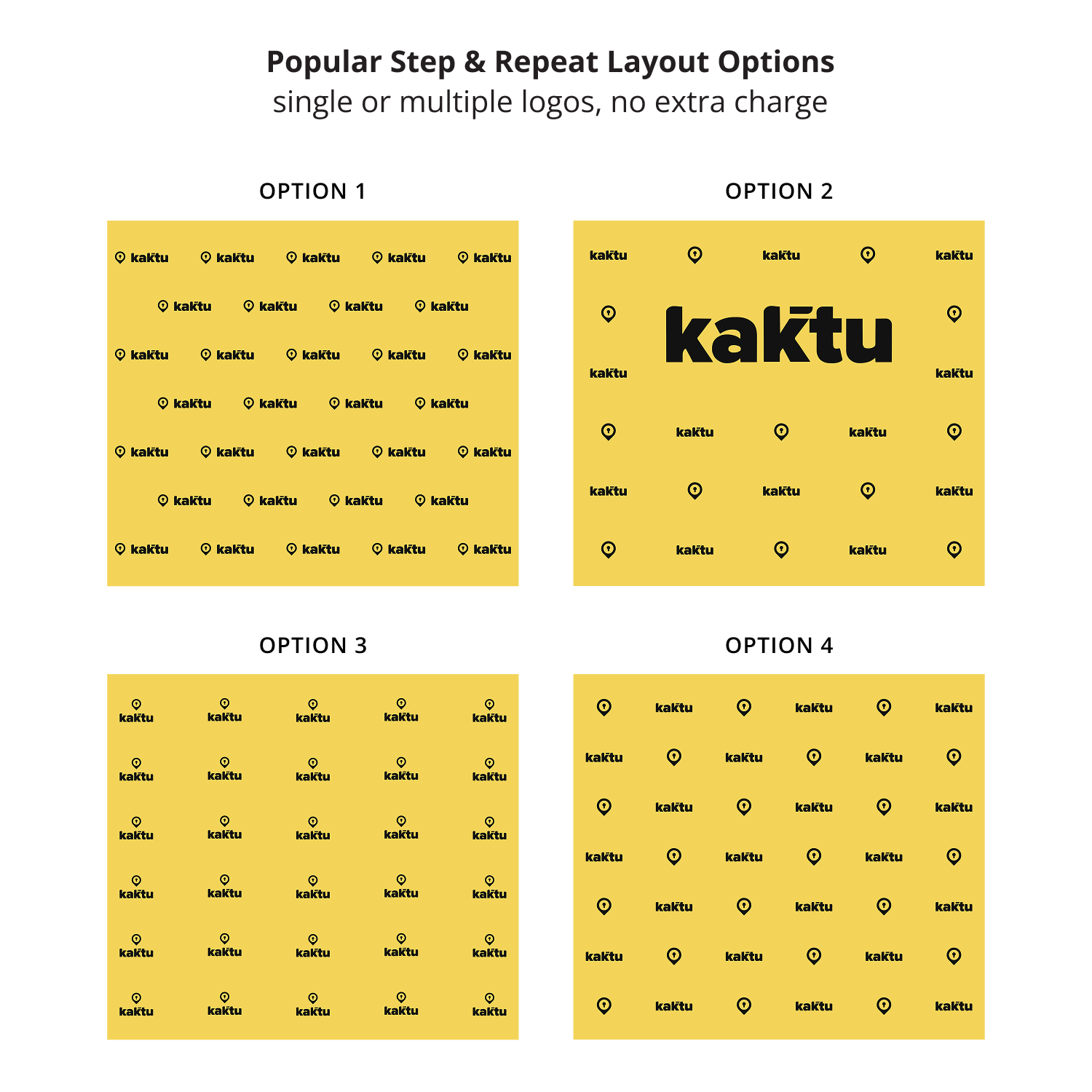 GoVizly 9x8 step and repeat banner popular layout options showing four pattern arrangements including single logo brick offset and large center logo variations