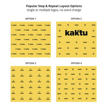 GoVizly 9x8 step and repeat banner popular layout options showing four pattern arrangements including single logo brick offset and large center logo variations