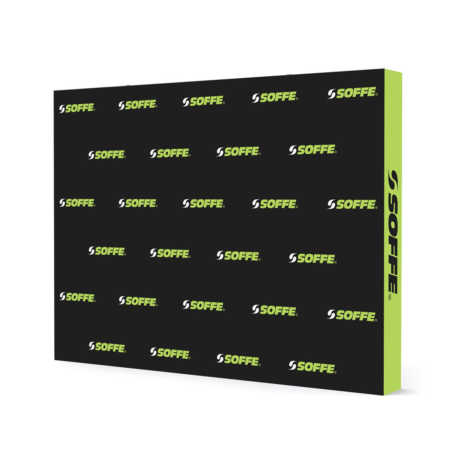 GoVizly 10ft step and repeat pop-up display angled view showing full logo repeat pattern on velcro fabric graphic