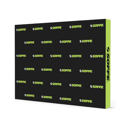 GoVizly 10ft step and repeat pop-up display angled view showing full logo repeat pattern on velcro fabric graphic