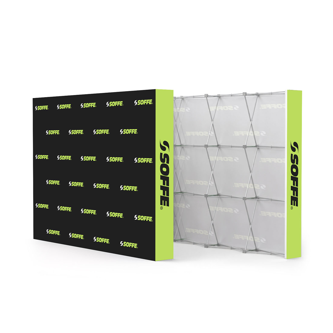 GoVizly 10ft step and repeat pop-up display front and back view showing velcro fabric graphic and accordion frame structure
