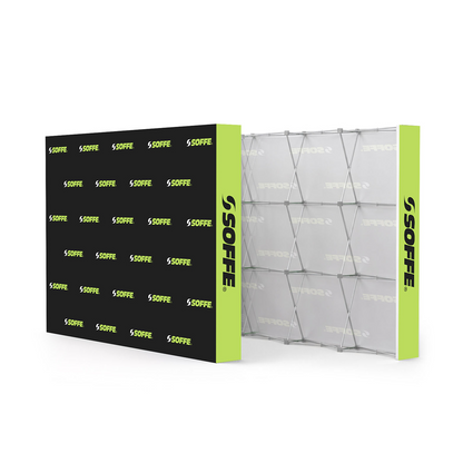 GoVizly 10ft step and repeat pop-up display front and back view showing velcro fabric graphic and accordion frame structure