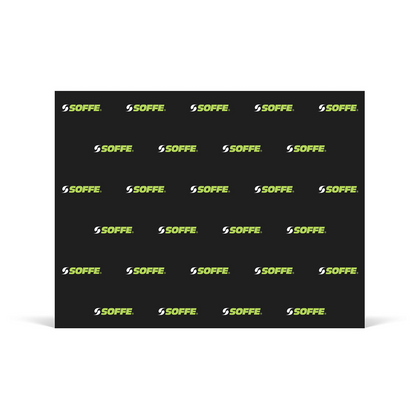 GoVizly 10ft step and repeat pop-up display front view showing full velcro fabric backdrop with tiled logo pattern
