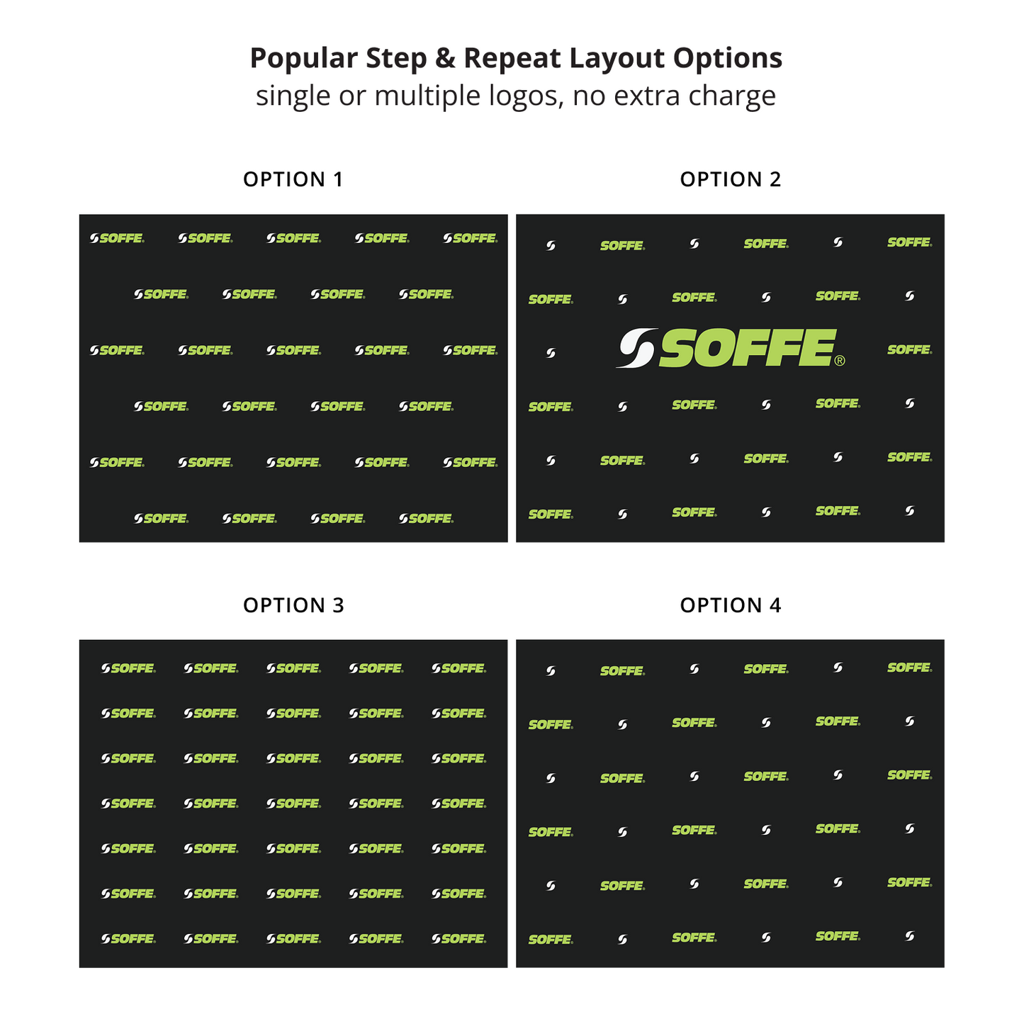 GoVizly 10ft step and repeat pop-up display layout options showing four popular single and multiple logo repeat patterns at no extra charge