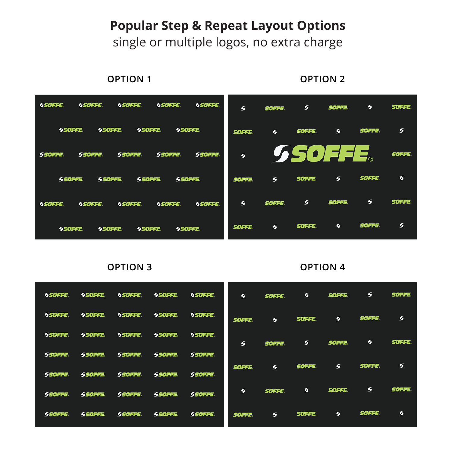 GoVizly 10ft step and repeat pop-up display layout options showing four popular single and multiple logo repeat patterns at no extra charge