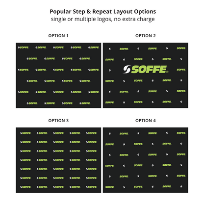 GoVizly 10ft step and repeat pop-up display layout options showing four popular single and multiple logo repeat patterns at no extra charge
