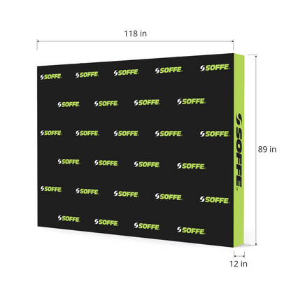GoVizly 10ft step and repeat pop-up display measurement diagram showing 118 inch width, 89 inch height, and 12 inch depth
