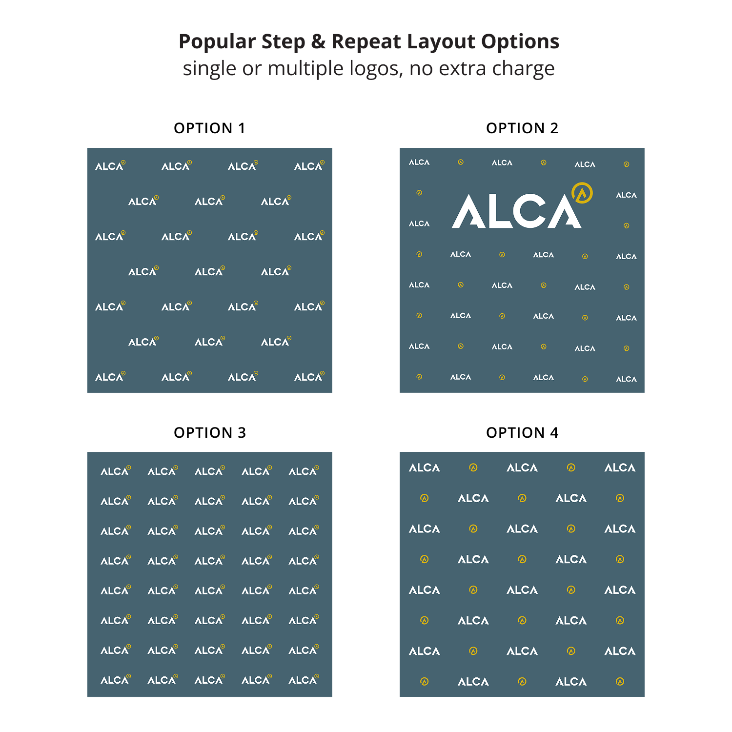 GoVizly 8ft step and repeat pop-up display layout options showing four popular single and multiple logo repeat patterns at no extra charge
