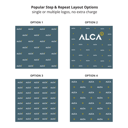 GoVizly 8ft step and repeat pop-up display layout options showing four popular single and multiple logo repeat patterns at no extra charge