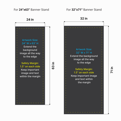 Artwork size and safety margin diagram for GoVizly X banner stand