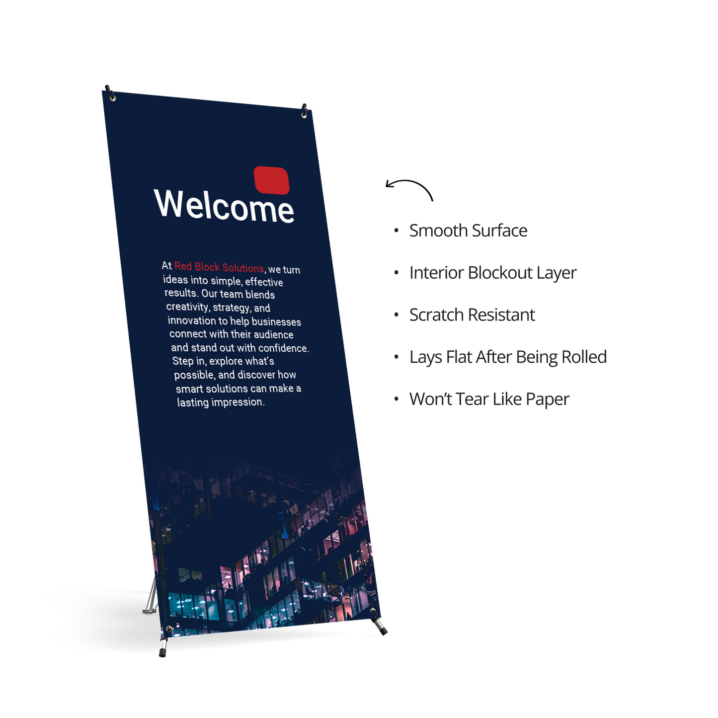 Printed graphic features of GoVizly X banner stand