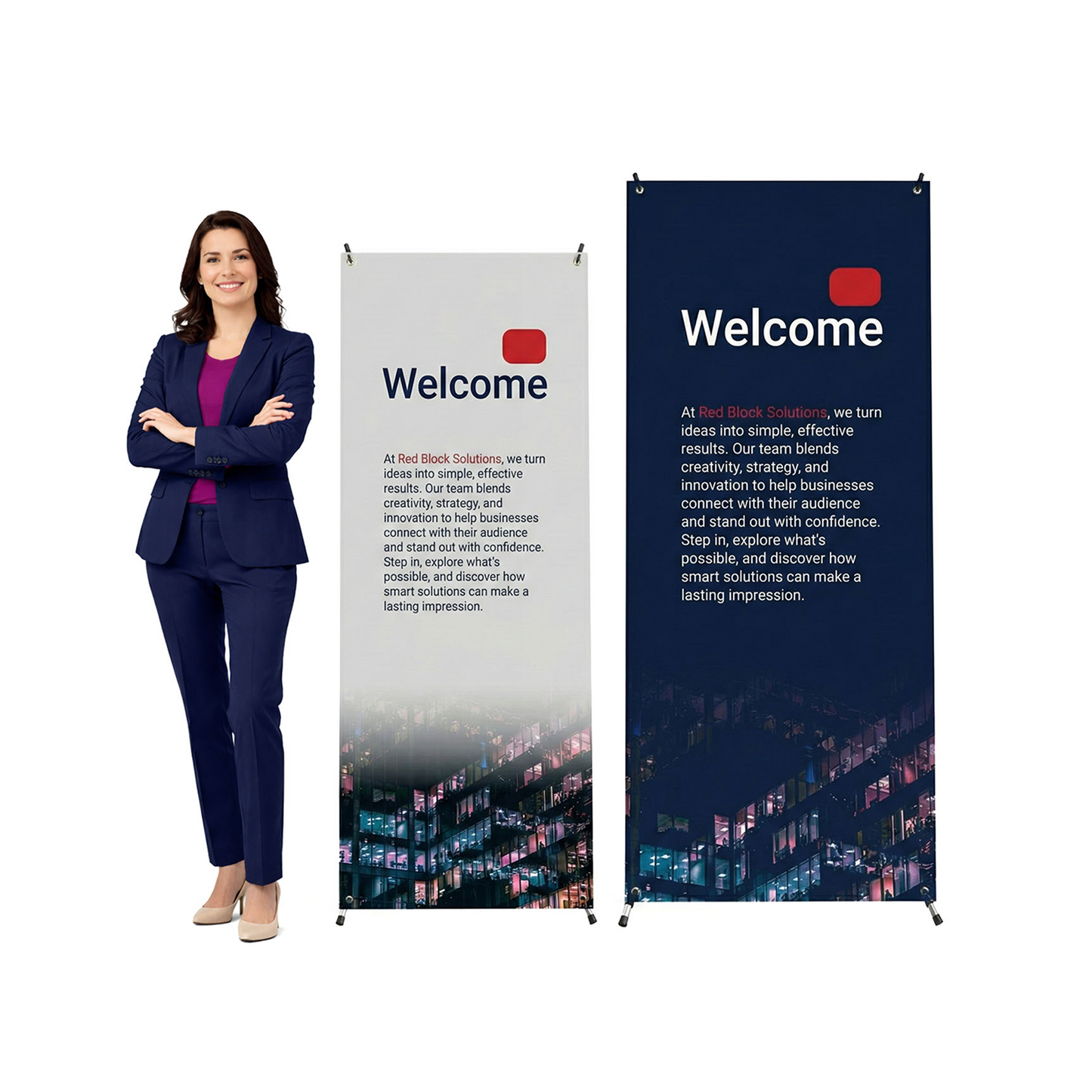 GoVizly classic X banner stand shown next to person for scale