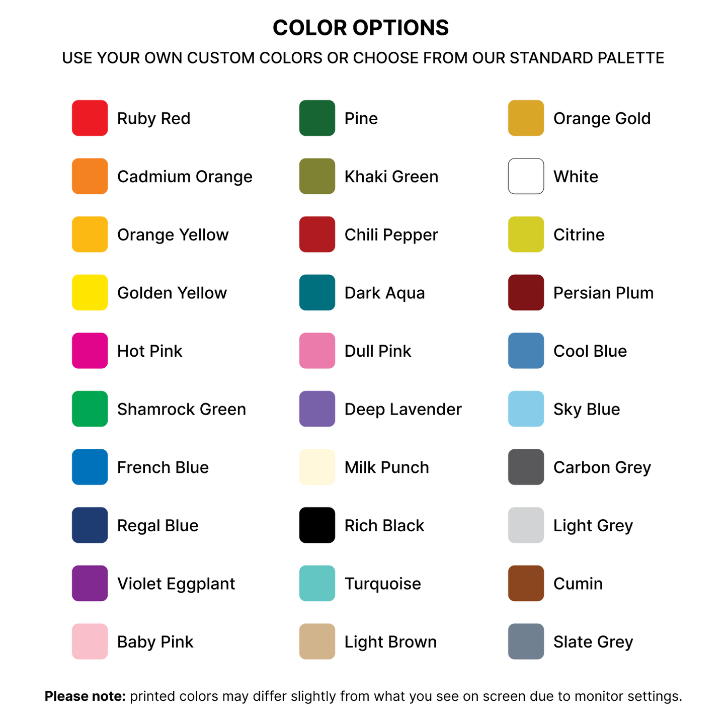 Color options chart for GoVizly Trade Show Table Cover – custom printed or standard palette colors