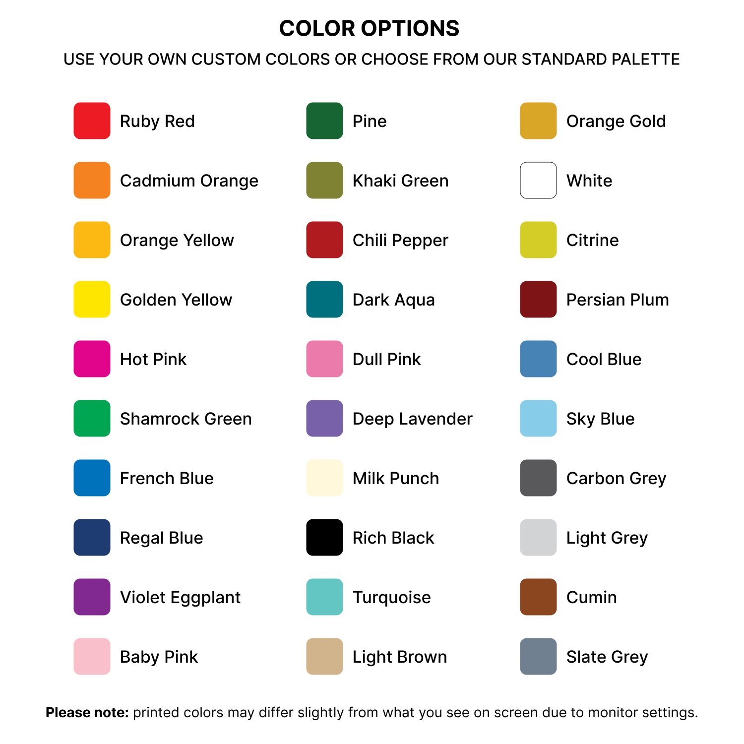 Color options chart for GoVizly Trade Show Table Cover – custom printed or standard palette colors