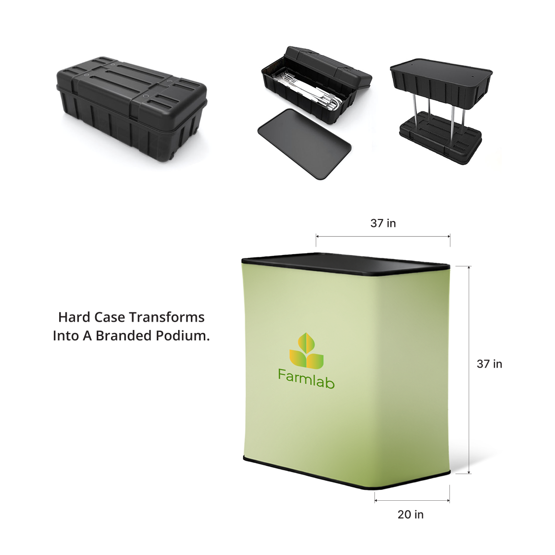 GoVizly 8ft curved pop-up display hard case converted to branded podium with custom graphic wrap